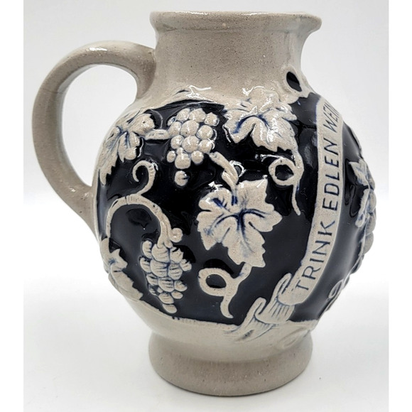 Marzi & Remy German Pottery Pitcher 5 1/2" Jug Blue Gray Grapes Wine - Picture 5 of 7